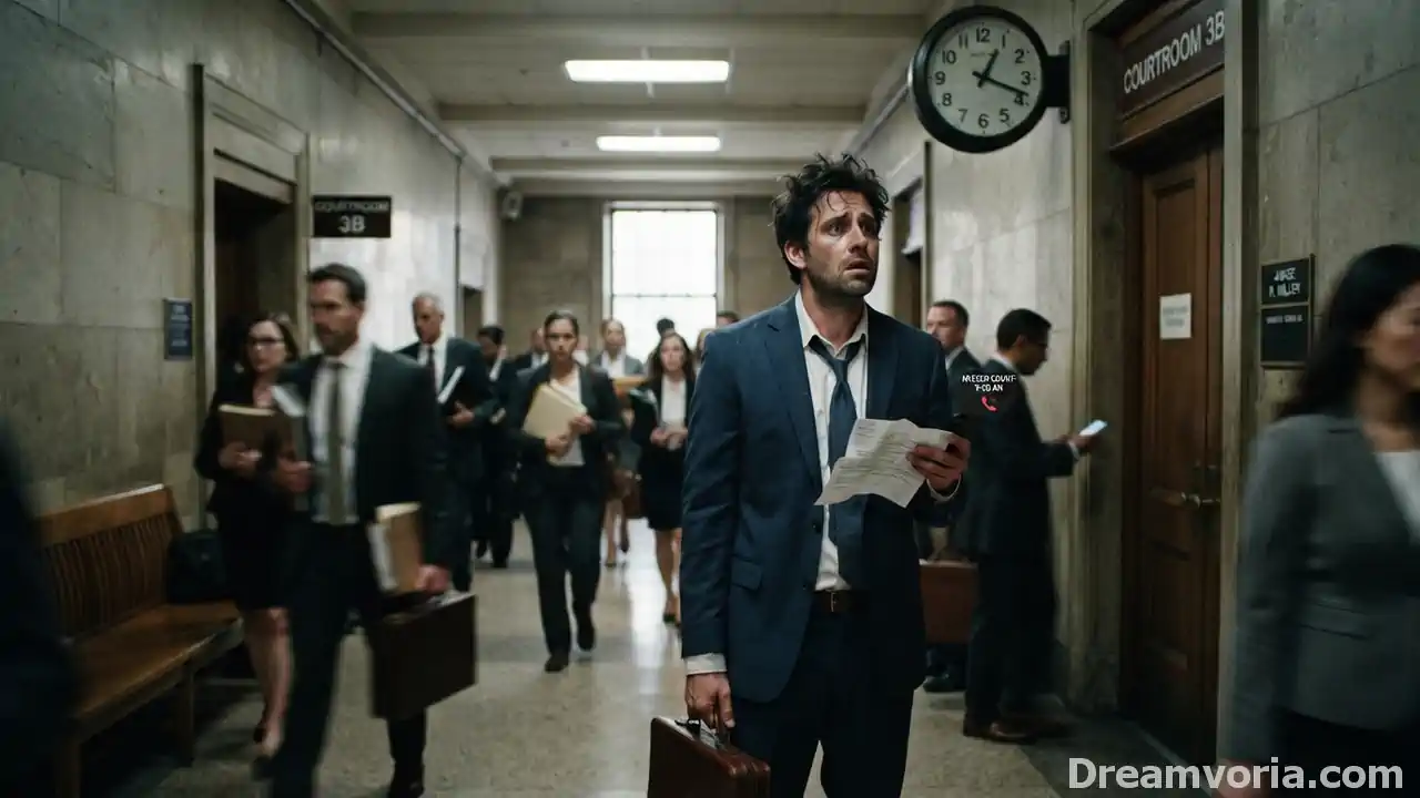 Man in a rumpled suit rushing through a crowded courthouse hallway, checking his phone anxiously outside Courtroom 3B — visual representing the forgetting court date dream.